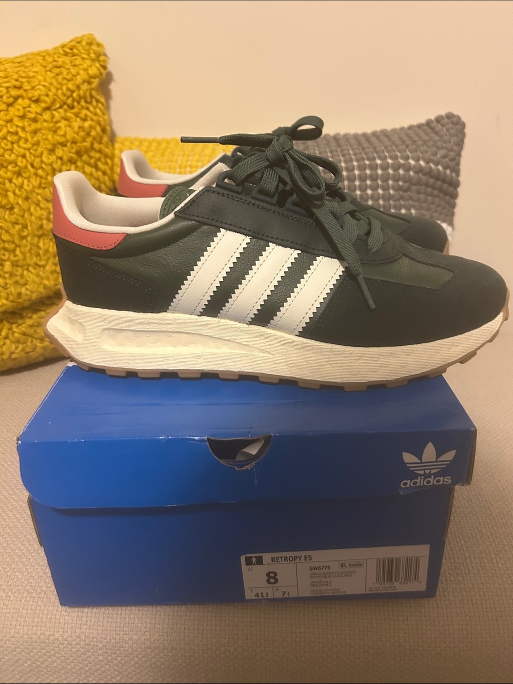 adidas Retro Runner in Forest Green, White & Pink Heel